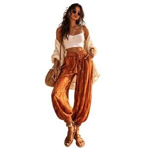 Boho Crinkle Viscose Burnt Orange Drawstring Pants – Free Size